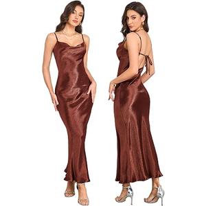 Atnlewhi Womens Spaghetti Strap Satin Silk Cowl Neck Backless Maxi Dress Tie Low Back Wedding Guest Cocktail Dresses XL, Brown