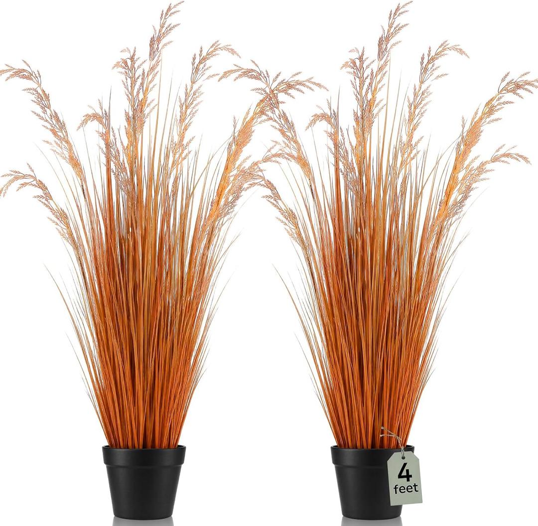 Jexine 2 Pcs 4 ft Fall Artificial Tall Grass Plants in Pots, Autumn Orange