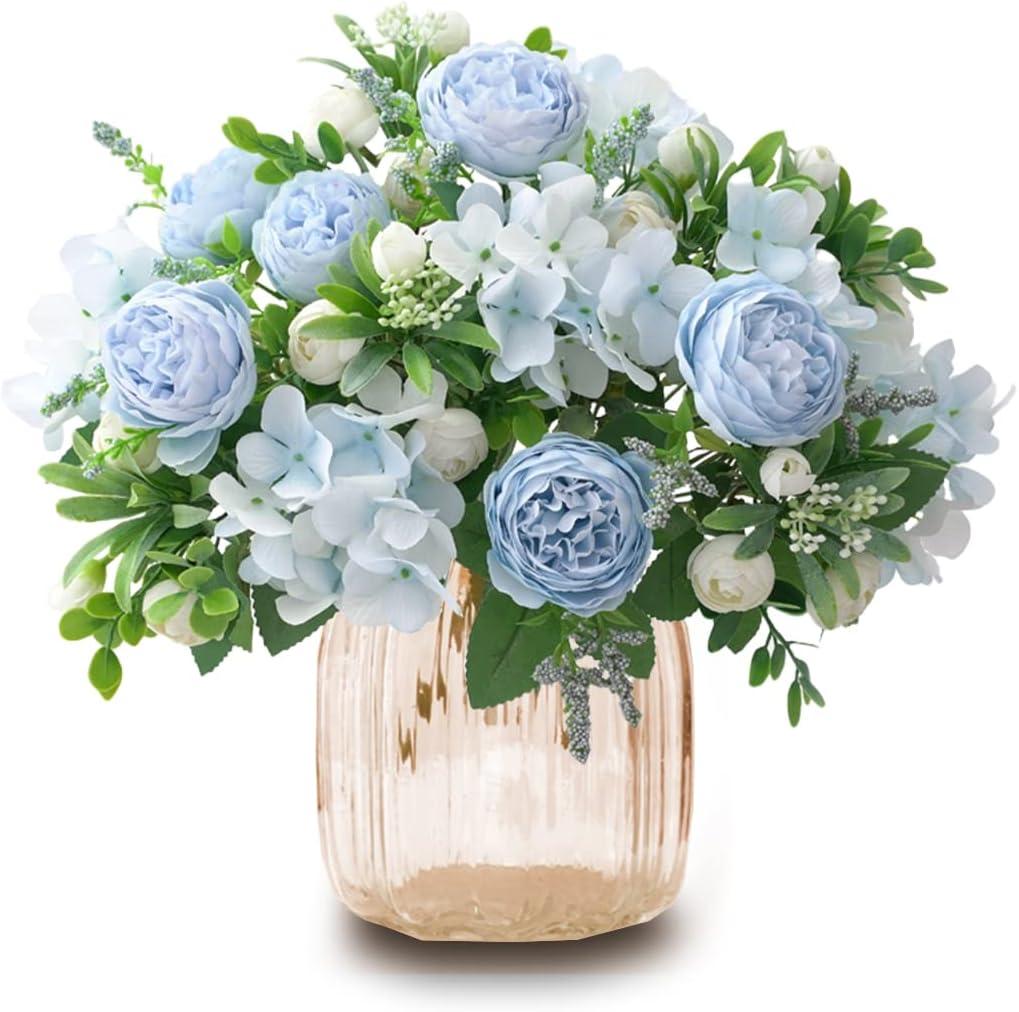 CYANLUX Artificial Peonies Fake Flowers, White Pink Silk Peony Bouquet 4 Bundles with Eucalyptus Leaves for Farmhouse Home Boho Wedding Table Centerpiece Decoration (Blue)