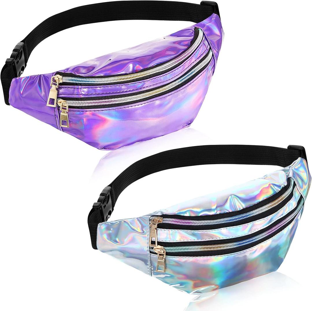 Frienda 2 Pieces Holographic Fanny Pack for Women Colorful Sport Waist Bag Pack (Silver, Purple)