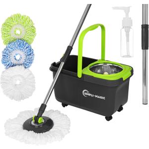 Simpli-Magic 360 Spin Mop and Bucket with Wringer  3 High-Absorbent Microfiber Washable Heads, Soap Dispenser  Spinning Mop and Bucket Set for All Types Floor Cleaning (Black/Green)