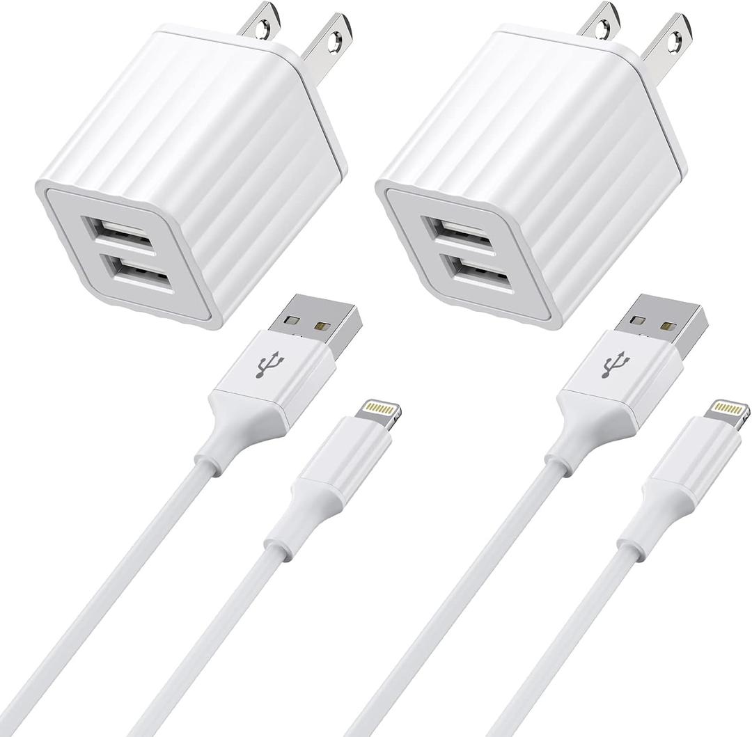 iPhone Charger,[Apple MFi Certified] Fast iPhone Charger 2PACK 6FT Lightning Cable Cord Fast Charging Dual 2 Port Plug USB Wall Charger Compatible with iPhone 14 13 12 11 Pro Max XS XR X 8 Plus 7 iPad (White)
