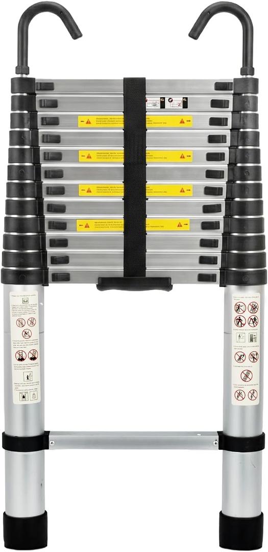 Telescoping Ladder 12.5 FT | Aluminum Lightweight Extension Ladder with Stable Hooks | Heavy Duty 330lbs Max Capacity Multi-Purpose Telescopic Collapsible Ladder for Home, RV or Outdoor Work
