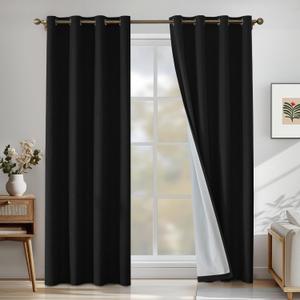 Faux Linen 100% Blackout Curtains for Bedroom, Blackout Curtains 96 Inches Long, Room Darkening Curtains Living Room, Curtain Grommets Drapes, Thermal Curtains(2 Panels, Black)