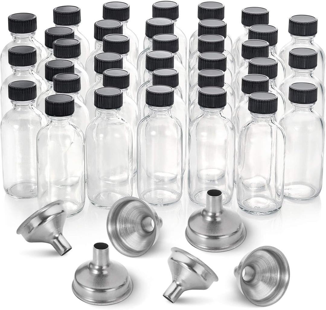 36 Pack, 2 oz Small Clear Glass Bottles w/Lid & 6 Stainless Steel Funnels - 60ml Boston Sample Bottles - Mini Travel Essential or Decorative Bottles for Potion, Juice, Wellness, Ginger Shots, Whiskey