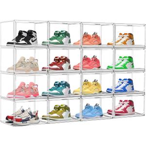 2 Pack Clear Shoe Storage Boxes Stackable Acrylic Shoe Display Case, Large Plastic Shoe Box Sneaker Organizer Purse Organizer with Magnetic Door, Size 12 or 13
