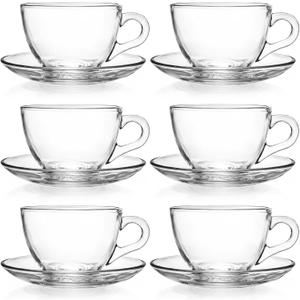 Tosnail 6 Pack 7-Ounce Glass Tea Cups and Saucers Sets Glass Coffee Mugs