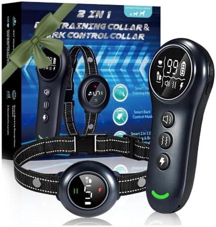 2-in-1 Dog Shock Collar & Dog Bark Collar - Rechargeable Dog Training Collar with Remote Control for 5-150 lbs, Dog Collars 5 Sensitivity Levels, IP67 Waterproof for Large Medium Small Dogs (dark blue)