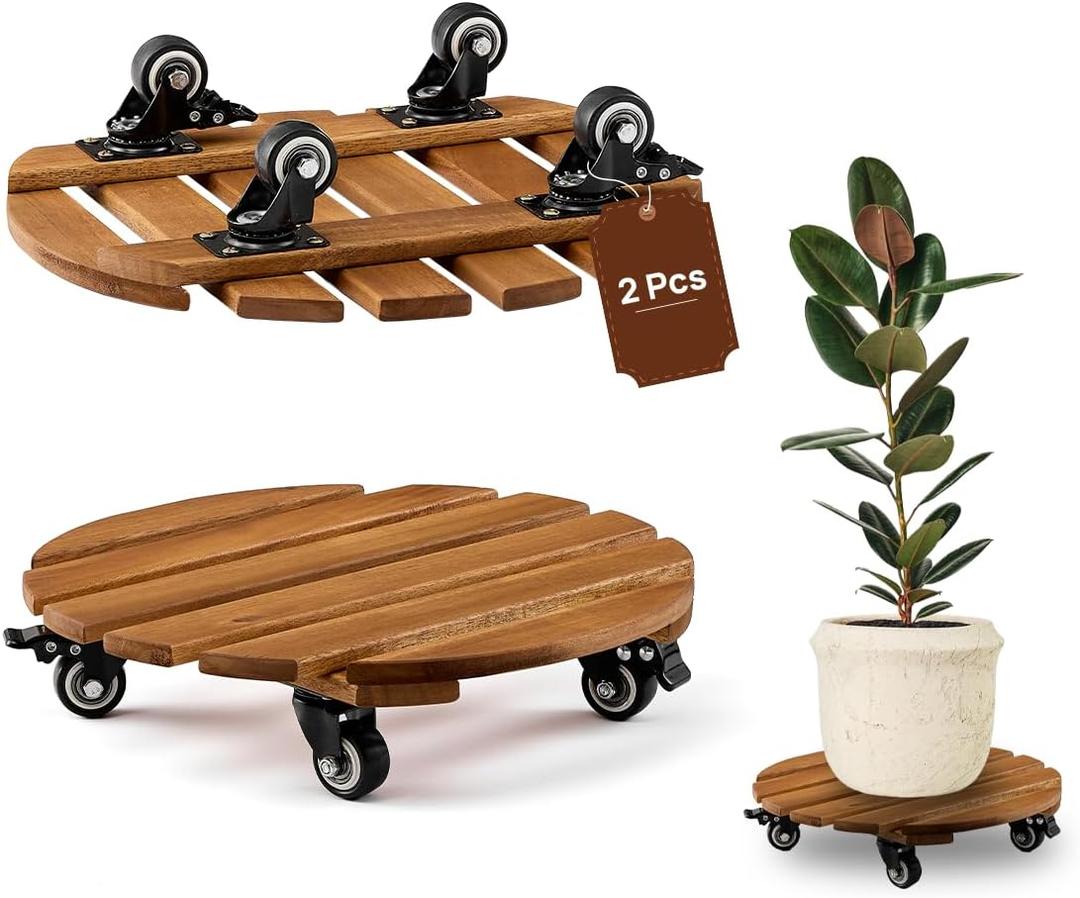 THYOI 2 Pack 14 Acacia Wood Plant Caddy with Lockable 360 Caster Wheels, 300 LB Heavy Duty Rolling Stand for Indoor Outdoor Planter Pots, Wooden Dolly for Patio (Golden Teak, Round)