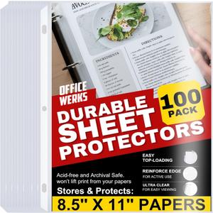 Office Werks 100 Clear Sheet Protectors, 8.5x11 Inch for 3 Ring Binder, Plastic Sheet Sleeves, Top Loading Paper Protector with Reinforced Holes, Archival Safe for Documents and Photos