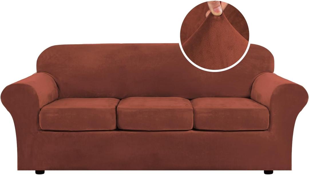 H.VERSAILTEX Modern Velvet Plush 2 Piece High Stretch Sofa Slipcover Sofa Cover Furniture Protector Form Fit Luxury Thick Velvet Sofa Cover for 3 Cushion Couch, Machine Washable (Sofa, Rust
