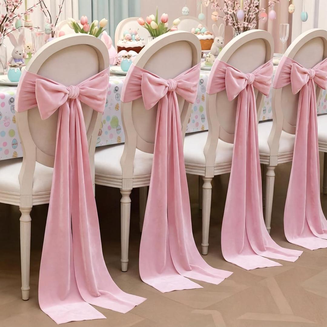 Suncalla 6 Pcs Pink Velvet Chair Sashes 157'' Long Easter Wedding DIY Chair Decoration DIY Pink Bows Sashes with 12 Pins for Dining Wedding Reception Restaurant Festival Banquet Decoration