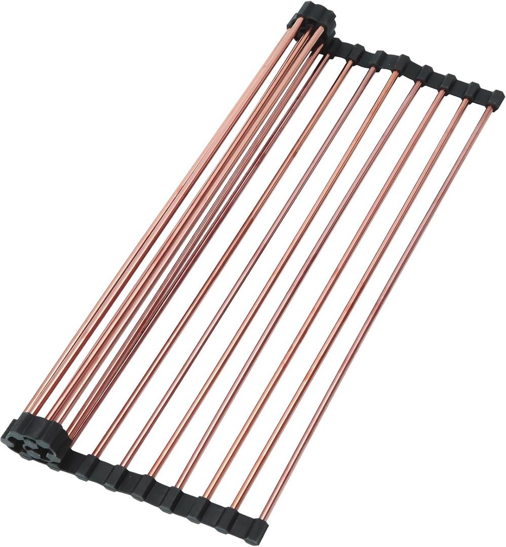 11.8" x 18.5" Expandable Roll Up Over The Rack Sink Cover Kitchen Dish Drying Rack,SUS304 Stainless Steel Multipurpose Collapsible Organizer Dish Drying Rack for Kitchen Sink Cover,Rose Gold