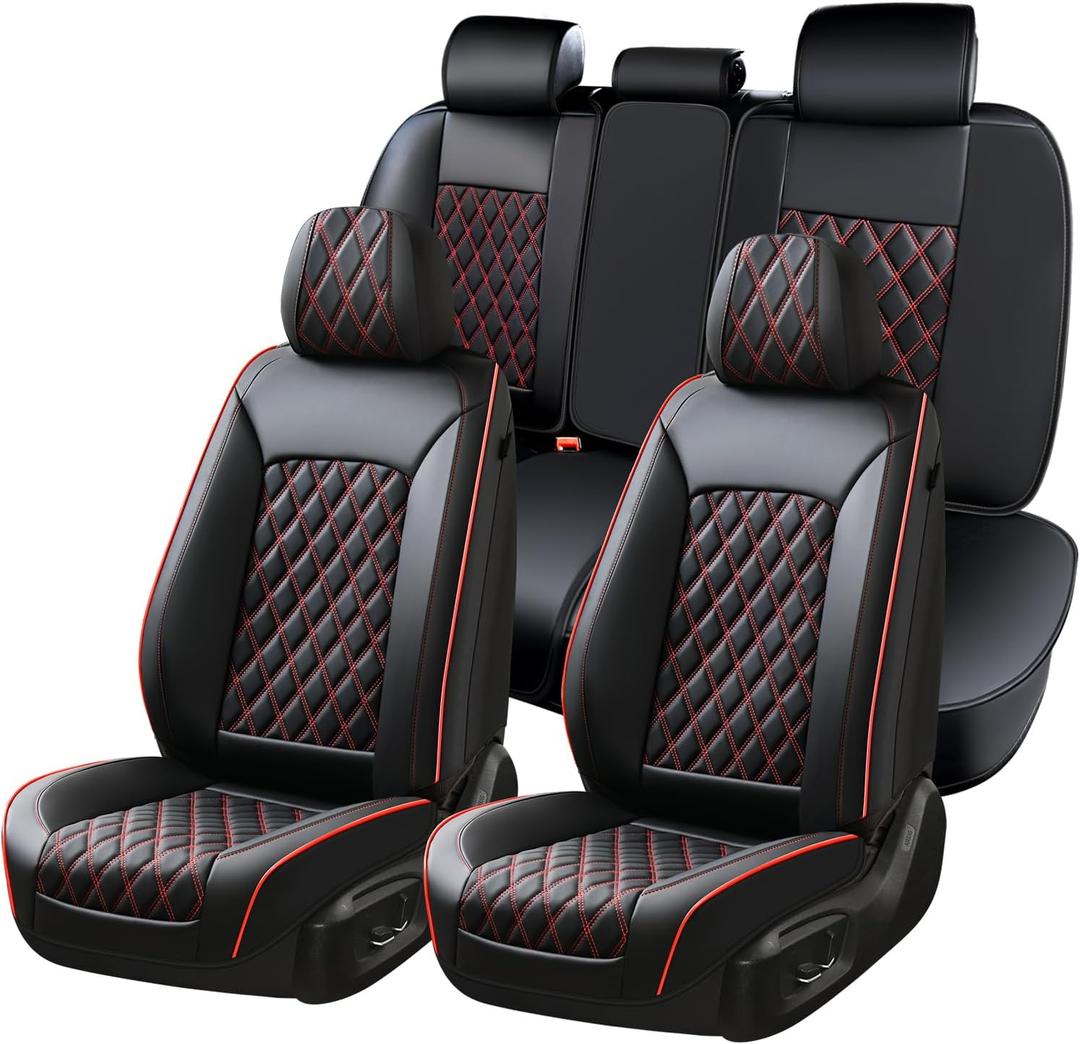 Huidasource Seat Covers for Car, Full-Cover Nappa Leather Car Seat Covers Full Set Waterproof, Black Car Seat Cover Front  Back Seat Fit for Most Cars, Vans, Trucks, SUVs (Full Set/Black&Red)