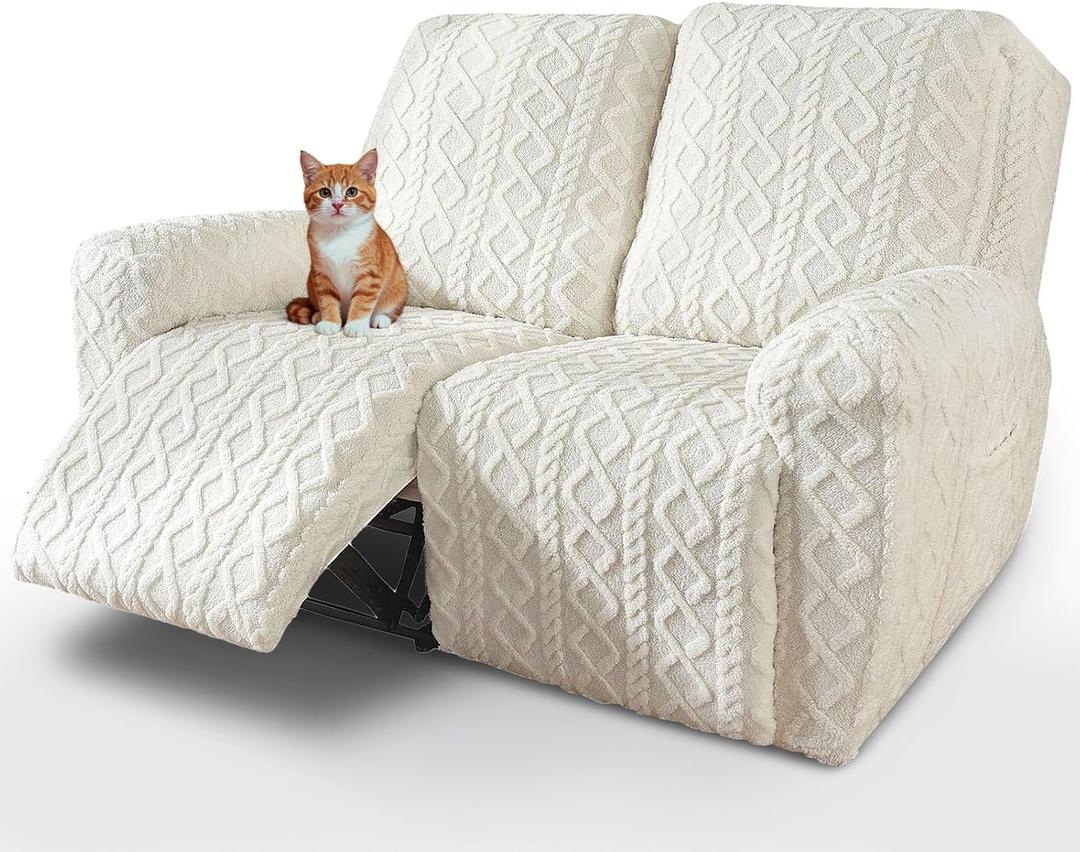 vctops 6 Pieces Geometric Jacquard Plush Recliner Loveseat Slipcovers Soft Fuzzy Fluffy Sofa Couch Cover Anti-Slip Furniture Protector with Elastic Bottom for Kids Cats Dogs(Cream,2 Seat)
