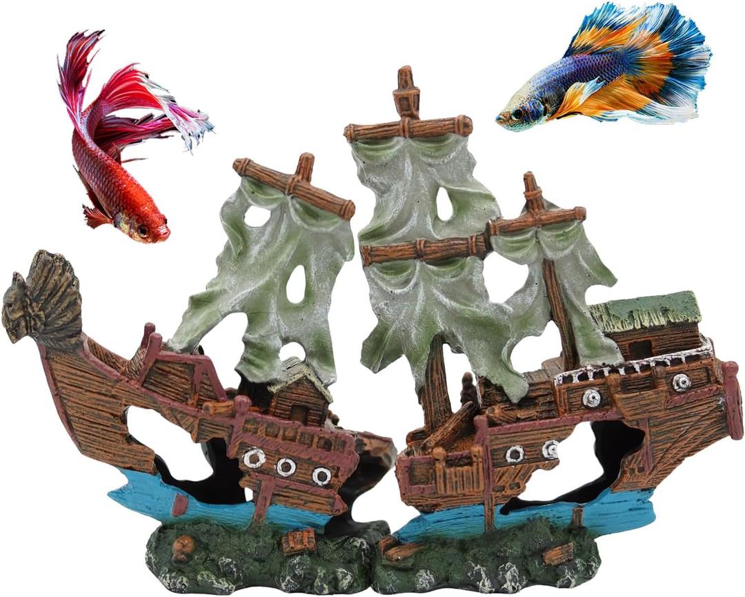 UNEAK - Shipwreck Aquarium Decorations Pirate Ship Ornament w/Sail (2 Pieces) 5 Gallons and Larger Fish Tank, Sunken Ship Decoration Ornaments, Decorative Resin Boat for Freshwater Saltwater Decor, 10" x 7.1"