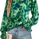 MASCOMODA Womens V Neck Floral Long Sleeve Tops 2025 Summer Casual Loose Puff Sleeve Chiffon Boho Work Blouse Dressy T Shirts (Green, L)