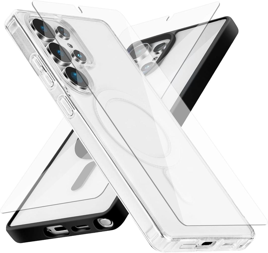 Strong Magnetic for Samsung Galaxy S25 Ultra Case, 2 Case&2 Screen Protector for S25 Ultra Phone,Mil-Grade Drop Protection,Clear and Black
