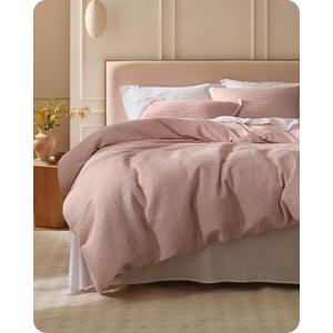 Bedsure Cotton Duvet Cover Queen - 100% Cotton Waffle Weave Pink Duvet Cover Queen Size, GentleSoft and Breathable Bedding Set for All Season, 3 Pieces, 90"x90"