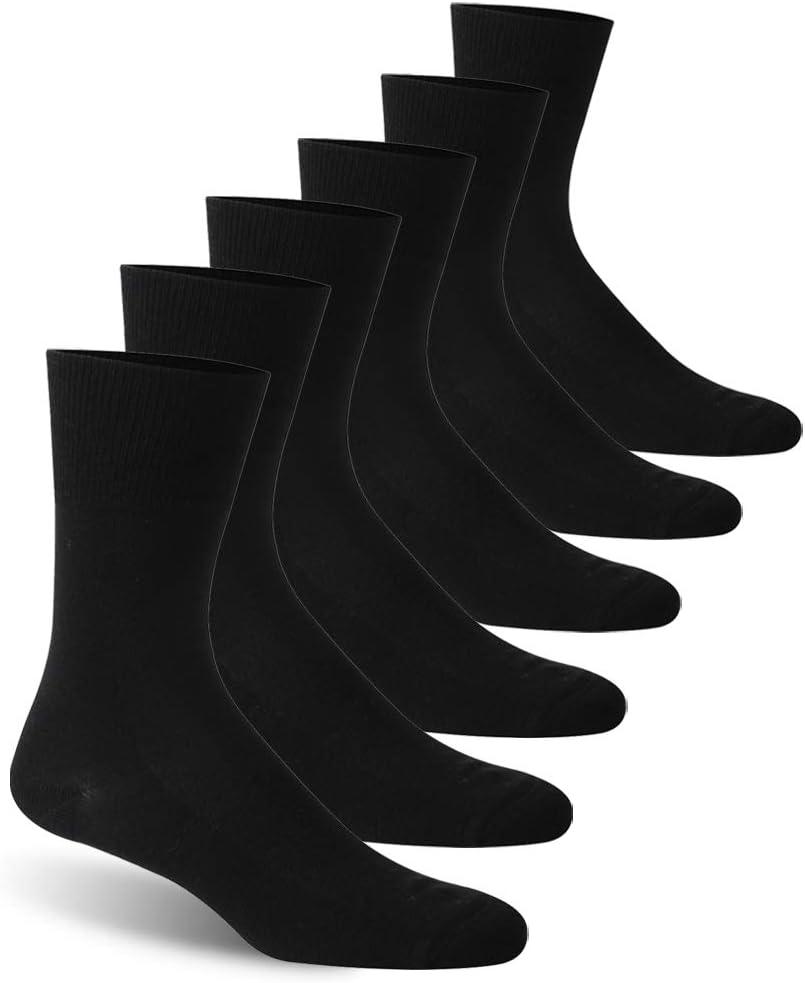 Facool Wide Loose Top Crew Socks, Mens Diabetic Cotton Non-Binding Thin Diabetes Neuropathy Long Cushioned Socks with Seamless Toe(Big and Tall Available), 6 Pairs Black XXL