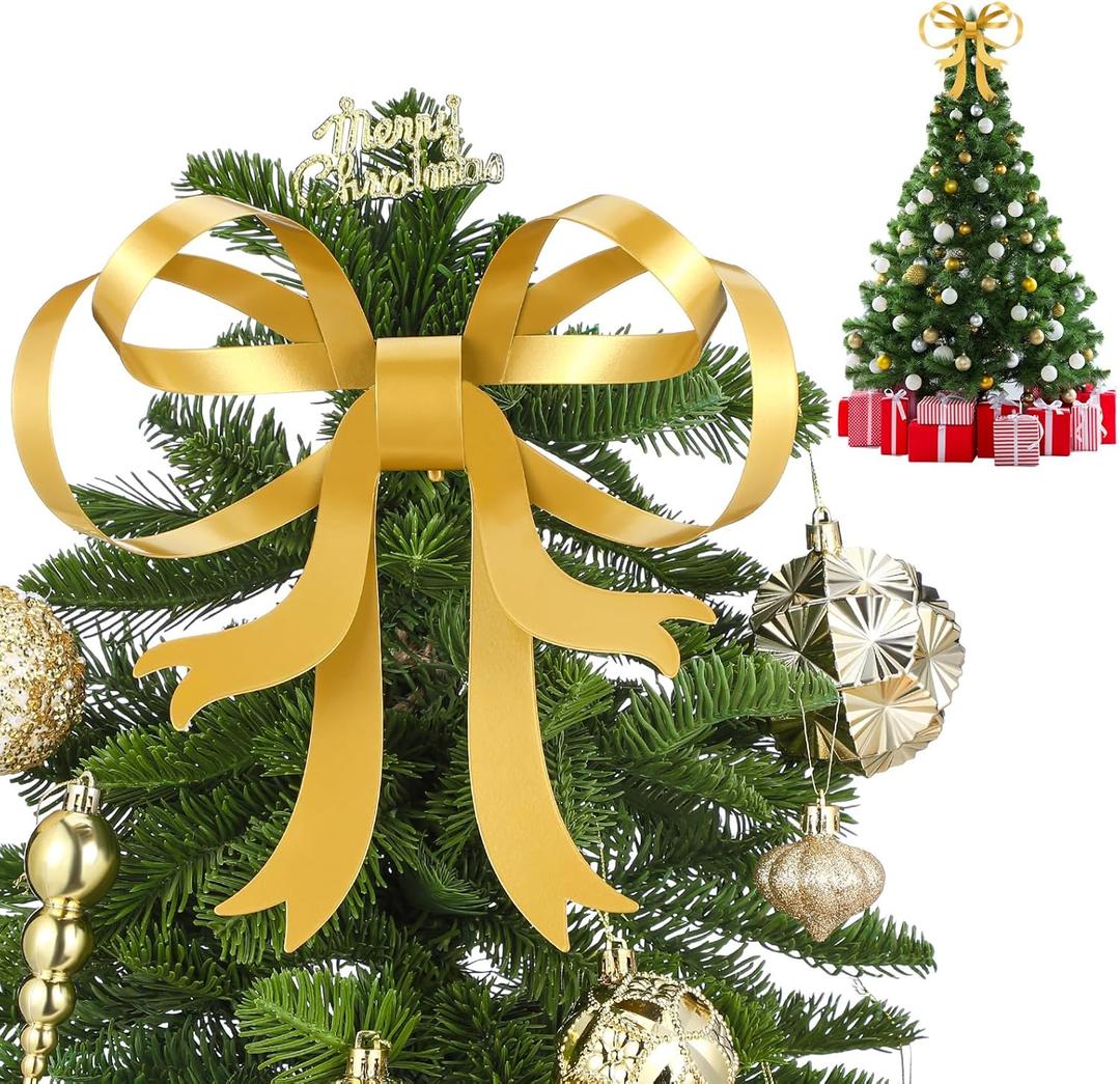 Daifunli 1 Pcs Large Christmas Metal Bow Tree Topper Ornaments with Clip Christmas Bow Decoration for Xmas Tree Topper Garland Wreath Indoor Outdoor Decor, 10 x 12''(Stylish,Gold)