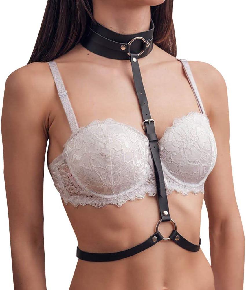 Women's Leather Chest Harness Body Caged Bra Punk Waist Belt Gothic Strappy Adjustable Black (Black)