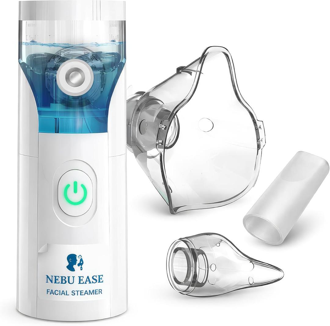 Nebu Ease Portable Facial Steamer & Personal Fine Mist Device Handheld Rechargeable Mist Unit with Dual Output Levels, Compact Travel Design, Includes Multi-Use Attachments