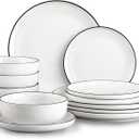 Plates and Bowls Sets for 4,12 Pieces Ceramic Dish set, White Dinnerware Set for Kitchen, Modern Design Plate Sets with Black Rim, Microwave and Dishwasher Safe
