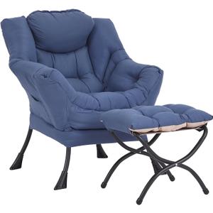 Lazy Chair and Ottoman, Large Accent Lounge Chair with Armrests and a Side Pocket, Modern Leisure Upholstered Sofa Reading Armchair with Footrest for Bedroom, Living Room, Dorm Rooms, Office (Blue)