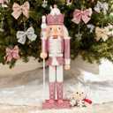 NOLITOY Nutcracker Christmas Decor, 12 Inches Traditional Pink Nutcracker Wooden Soldier Figures for Festival Party Outdoor Xmas