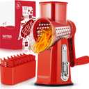 SUSTEAS Rotary Cheese Grater with Handle - Vegetable Shredder with 5 Well-designed Blades & Strong Suction Base,Round Mandoline Slicer & Food Chopper for Kitchen,with Blade Storage Box(Red)
