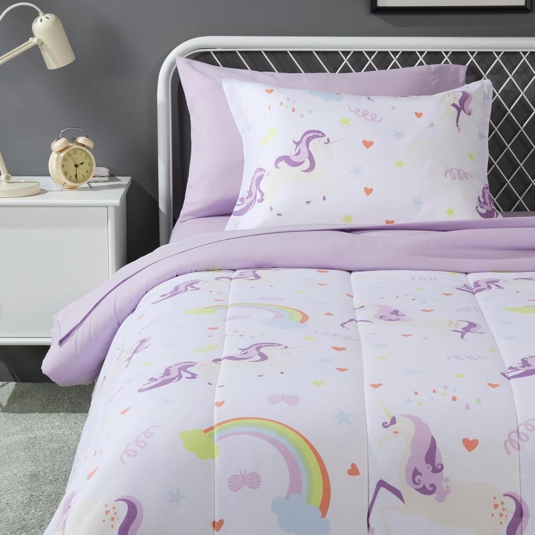 Amazon Basics Microfiber Kid's Bed-in-a-Bag 5 Piece Comforter Bedding Set, Twin, Unicorn Print