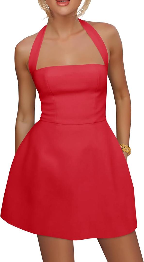 Yousify Womens Sexy Halter Mini Dress Summer Backless Square Neck A Line Flared Club Party Dresses (Red, XS)