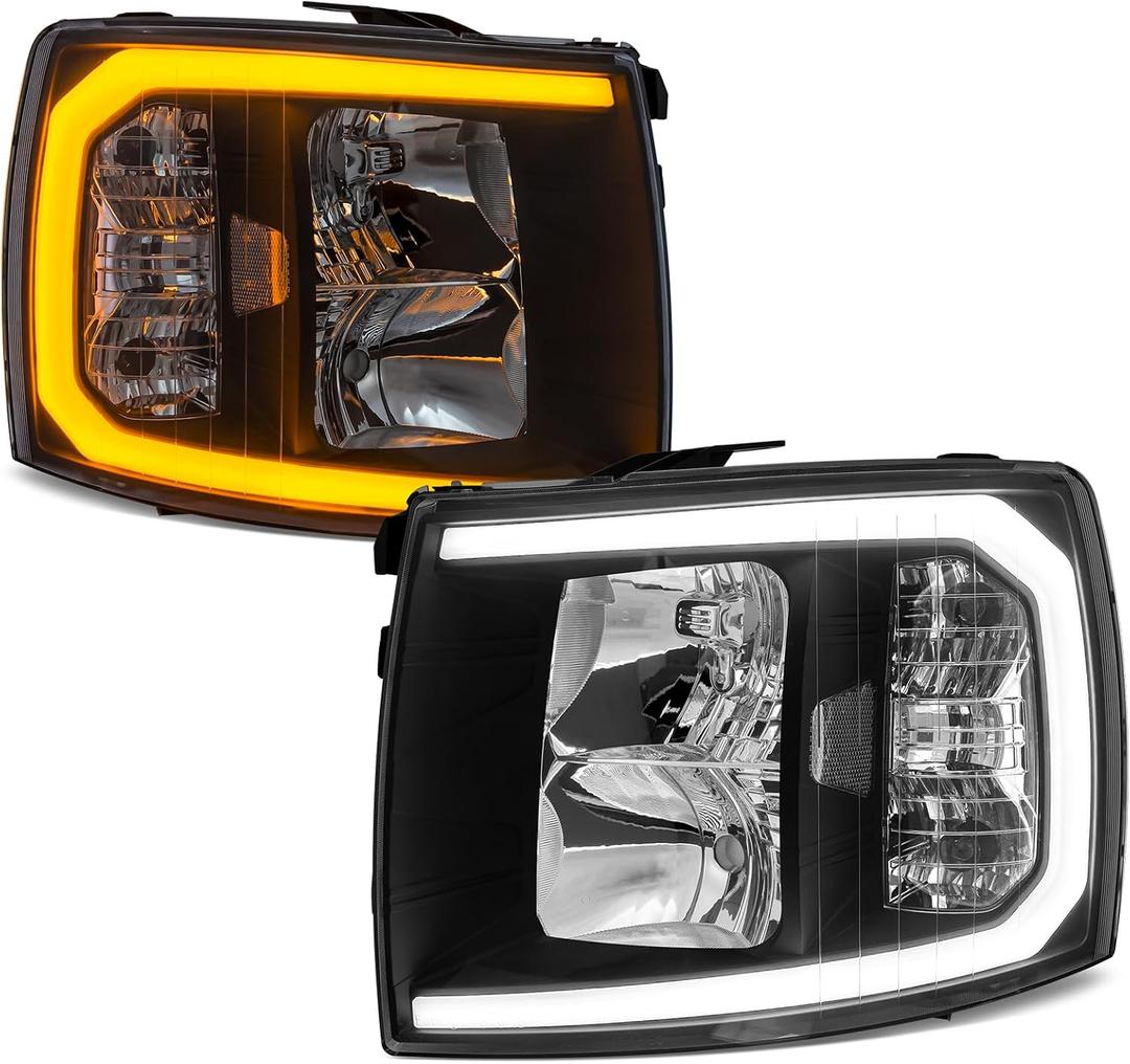 for 2007-2014 Chevy Silverado Headlights Assembly Chrome Pair | OE 25962804/25962805, Halogen, W/O bulbs, IP67, Plug & Play, clear reflector, amber reflector,