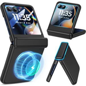 Magnetic for Motorola Razr 2025/2024 Case with Built-in Screen Protector, for Moto Razr 2025/2024 Case [Compatible with MagSafe][Hinge Protection]  Hard PC Anti-Scratch Shockproof Slim Cover -Black