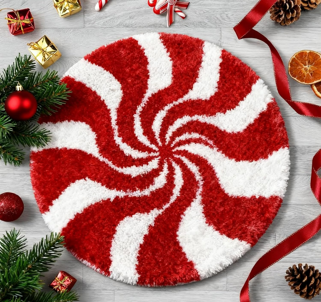 Christmas Bathroom Rug,Christmas Candy Bath Mat,Winter Peppermint Rug Decor,3D Red Round Carpet,NonSlip Absorbent Floor Mat for Tub,Living Room,Bedroom,Festival,Holiday,24 Inch