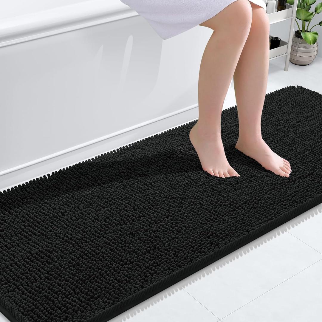 OLANLY Bathroom Rugs 70x24, Extra Soft Absorbent Chenille Bath Rugs, Rubber Backing Quick Dry, Machine Washable Bath Mats for Bathroom Floor, Tub and Shower, Home Decor Accessories, Black