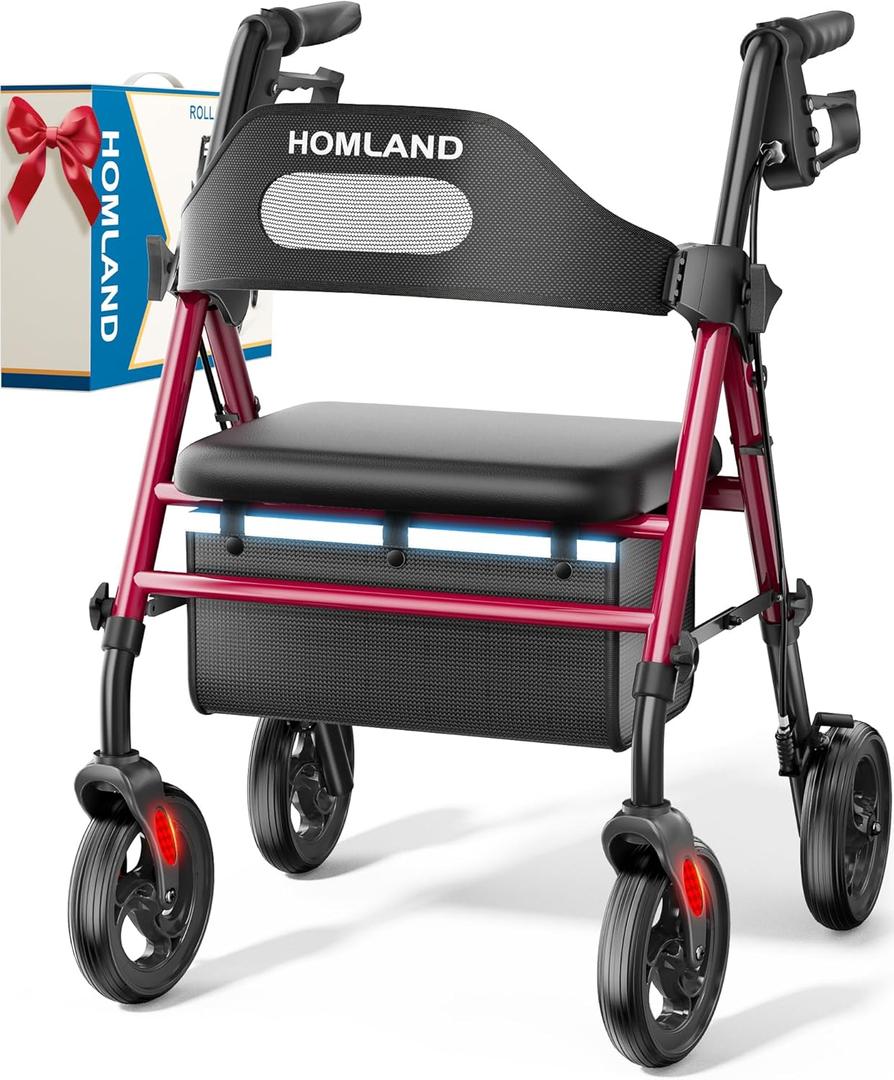 Foldable Rollator Walkers with Seat for Seniors, 8'' Big Wheels, 350 lb. Weight Capacity, Adjustable Handles and Seat Height, Lightweight Rolling Walker, Red (Red)