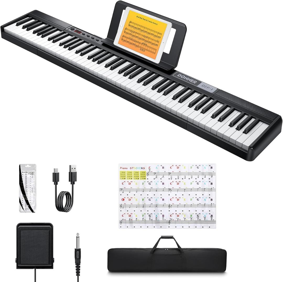 Donner DEP-1 Piano Keyboard 88 Keys, Beginner Digital Keyboard Piano Velocity-Sensitive Keys, Portable Electric Piano with Sustain Pedal, Carrying Case and Keyboard Stickers (Compact)