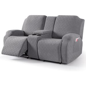VANSOFY Recliner Loveseat Cover with Middle Console Stretch Reclining Sofa Slipcover for 2 Seat Jacquard Reclining Couch Sofa Covers Furniture Protector with Elastic Straps Bottom (Light Gray)