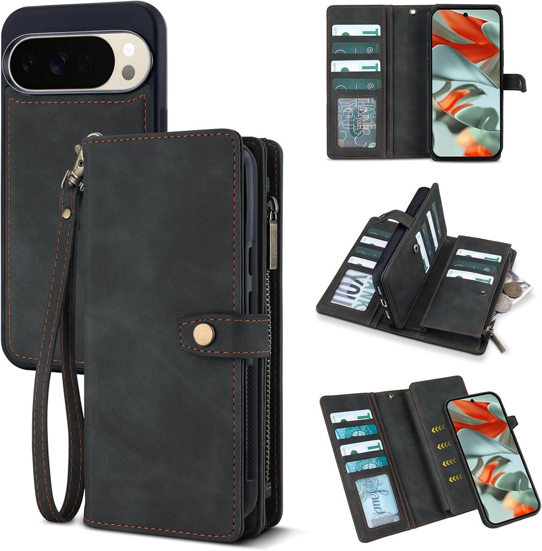 TwoHead for Google Pixel 10 Pro XL Wallet Case with Card Holder & Detachable Magnetic Pixel 10 Pro XL Case, PU Leather All-Round Protective Phone Cover,Black,6.8 in