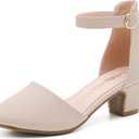LAURMOSA Nude Pumps Shoes for Girl Closed Toe Low Heels Comfortable Girls Dress Shoes Flower Sandals Wedding Party Elegance Mary Jane Ankle Strap Chunky Block Heels for Little Big Kids(L1012Nude 3)