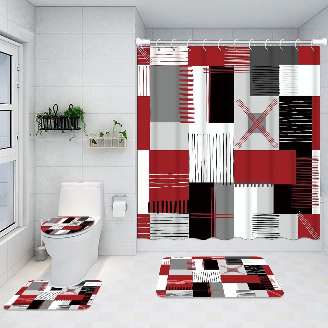 All Smiles Red Shower Curtain Sets with Non-Slip Rugs,Toilet Lid Cover and Bath Mat, Black and Gray Bathroom Decor Set Accessories Waterproof Shower Curtains