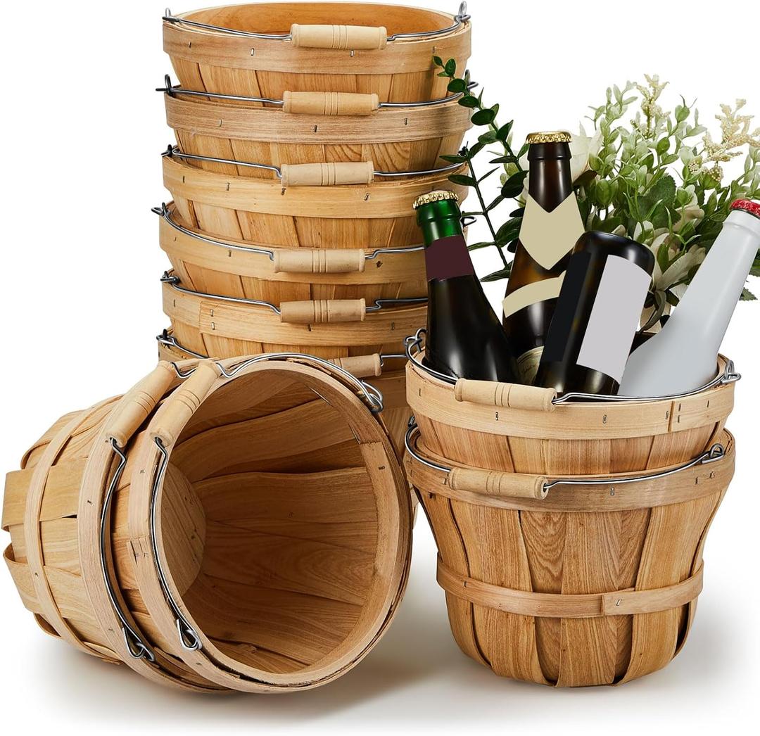Marsui 10 Pcs 5.9 x 7.5'' Round Wooden Baskets Easter Portable Wood Fruit Buckets with Handles Garden Harvest Basket Fruits Vegetables Storage Container Party Supplies(Natural Wood Color)