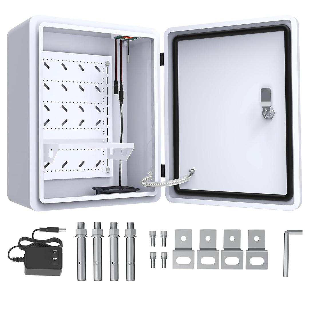 Outdoor Electrical Box with Thermostat and Fan, Precise Temperature Control 0.1F, IP65 Water Resistant Rating, Galvanized Steel(15.7" x 13" x 7.1")