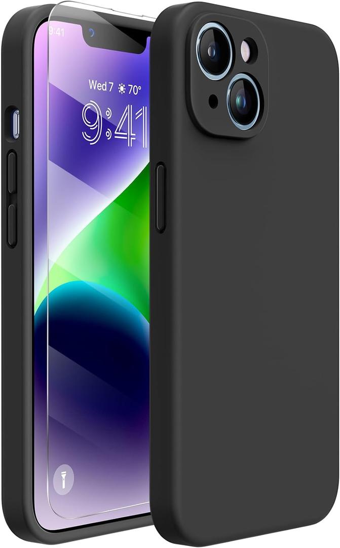 Miracase Designed for iPhone 14 Case with Screen Protector,[Upgraded Enhanced Camera Protection],Shockproof Liquid Silicone Case with Microfiber Lining, 6.1 inch,Black