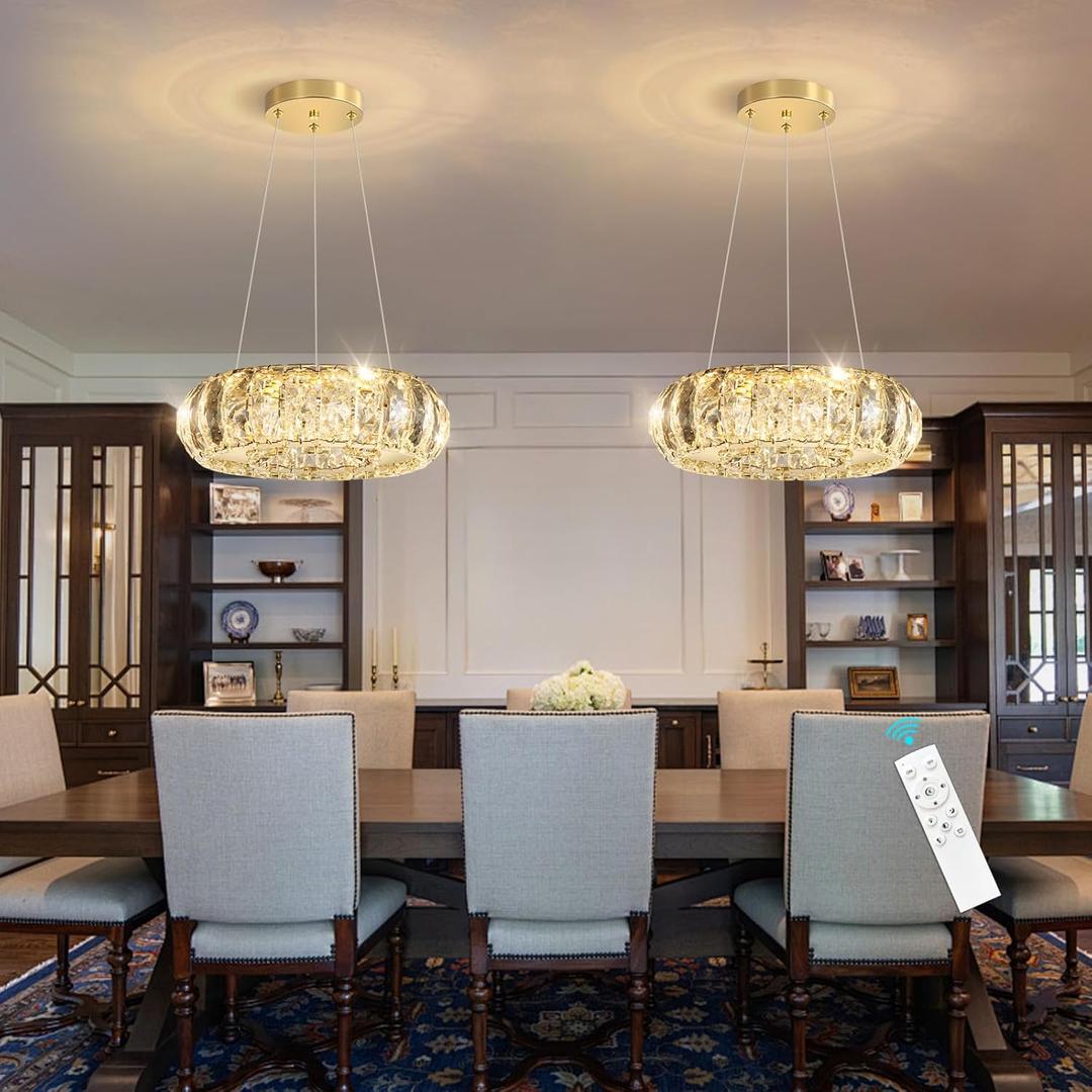 HAIXIANG Crystal Round Chandelier Modern LED Dining Pendant Lights for Kitchen Island Dining Room Remote Dimmable Hanging Light Entrance Bedroom Lighting Gold