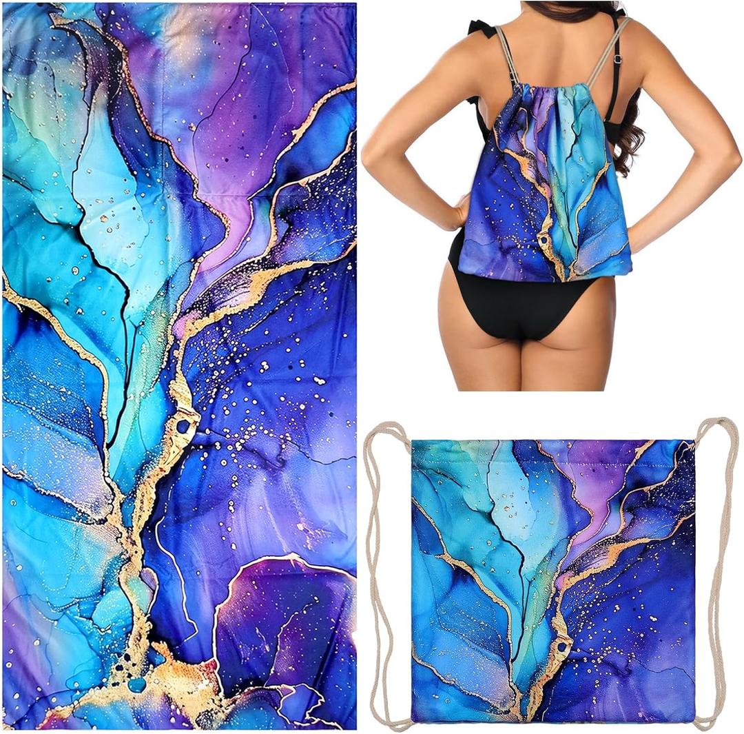 Purple Marble Beach Towel - Microfiber Beach Blanket Backpack for Travel Adult Camping Holiday 63"x31.5"
