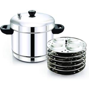 Stainless Steel Idli Maker with 6 Plates, 24 Idlis Capacity, Induction & Gas Compatible, Round Steamer, Dishwasher Safe, Silver.