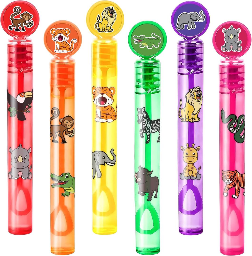24PCS Jungle Animal Zoo DIY Bubble Wands with 96PCS Stickers - Party Favor for Goodie Bags, Pinata Stuffers, Mini Bubble Bulk Birthday Supplies, Toys Gifts, Class Prizes for Toddlers, Boys & Girls